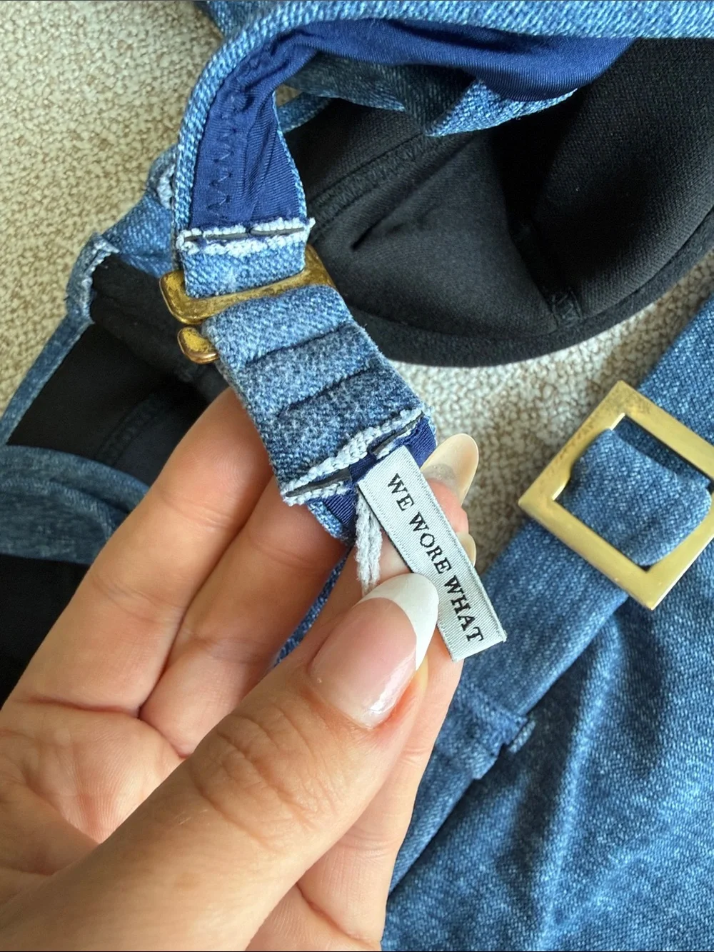 WeWoreWhat Denim-Effect Blue High-Waist Bikini Set with Buckle